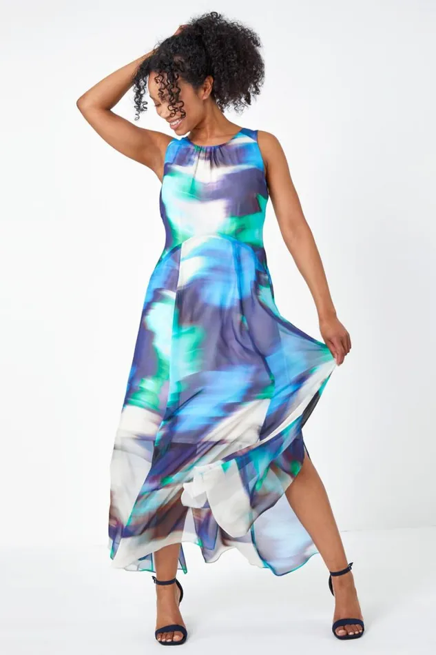 Women Turquoise Petite Abstract Print Maxi Dress Roman Dresses