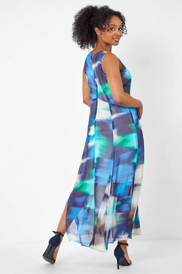 Women Turquoise Petite Abstract Print Maxi Dress Roman Dresses
