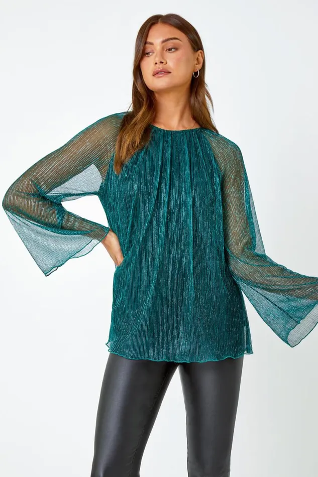 Women Turquoise Plisse Overlay Wide Sleeve Top Roman Tops