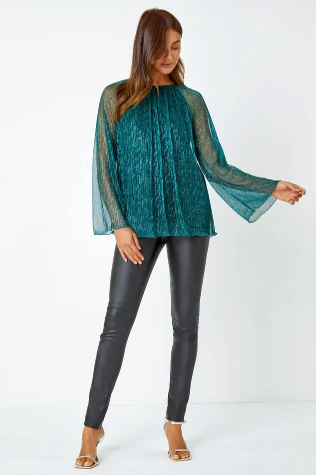 Women Turquoise Plisse Overlay Wide Sleeve Top Roman Tops
