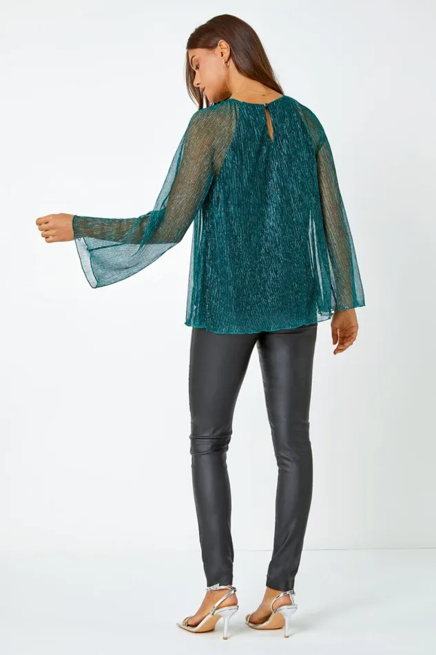 Women Turquoise Plisse Overlay Wide Sleeve Top Roman Tops
