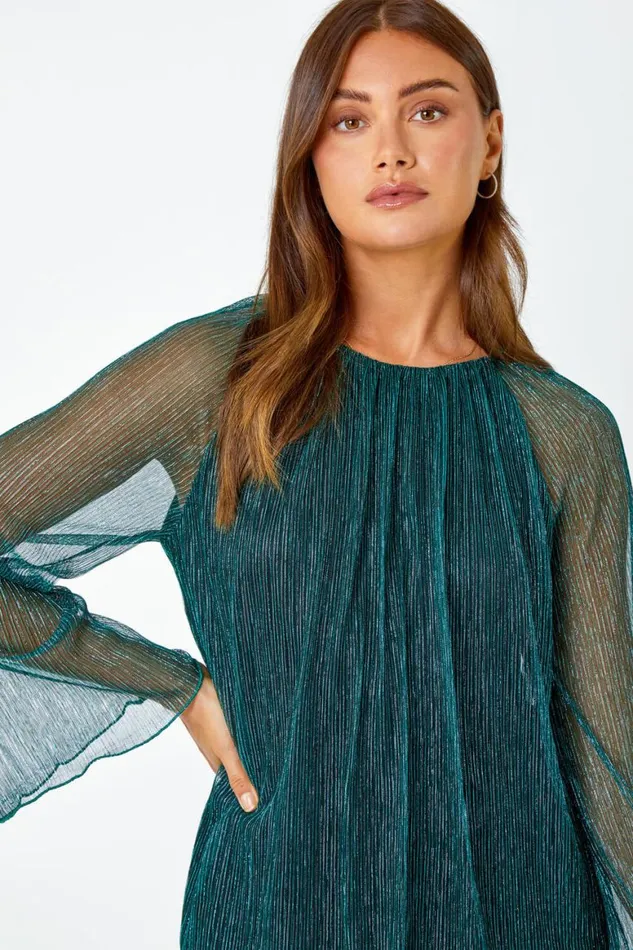 Women Turquoise Plisse Overlay Wide Sleeve Top Roman Tops