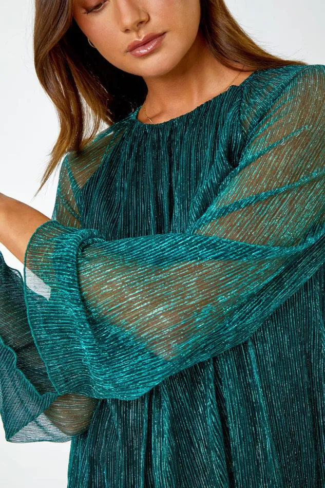 Women Turquoise Plisse Overlay Wide Sleeve Top Roman Tops