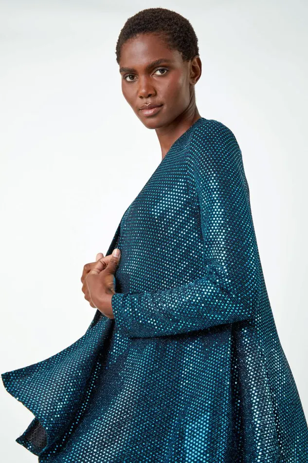 Women Turquoise Sequin Sparkle Waterfall Stretch Jacket Roman Tops