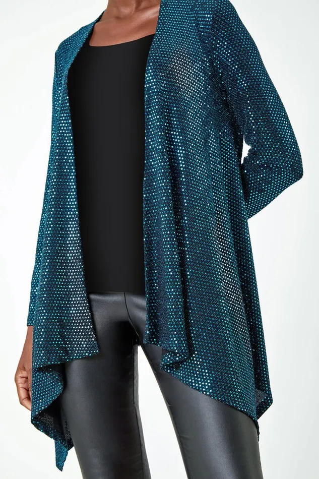 Women Turquoise Sequin Sparkle Waterfall Stretch Jacket Roman Tops
