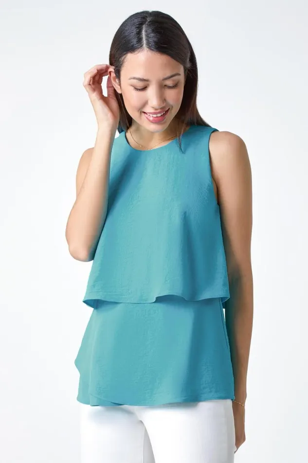 Women Turquoise Tiered Sleeveless Vest Top Roman Tops