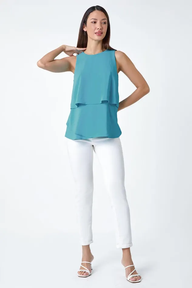 Women Turquoise Tiered Sleeveless Vest Top Roman Tops