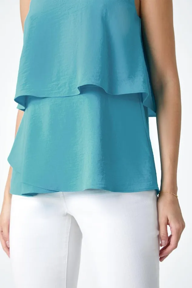 Women Turquoise Tiered Sleeveless Vest Top Roman Tops
