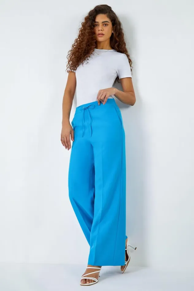 Women Turquoise Wide Leg Elastic Waist Tie Front Trouser Roman Occasionwear