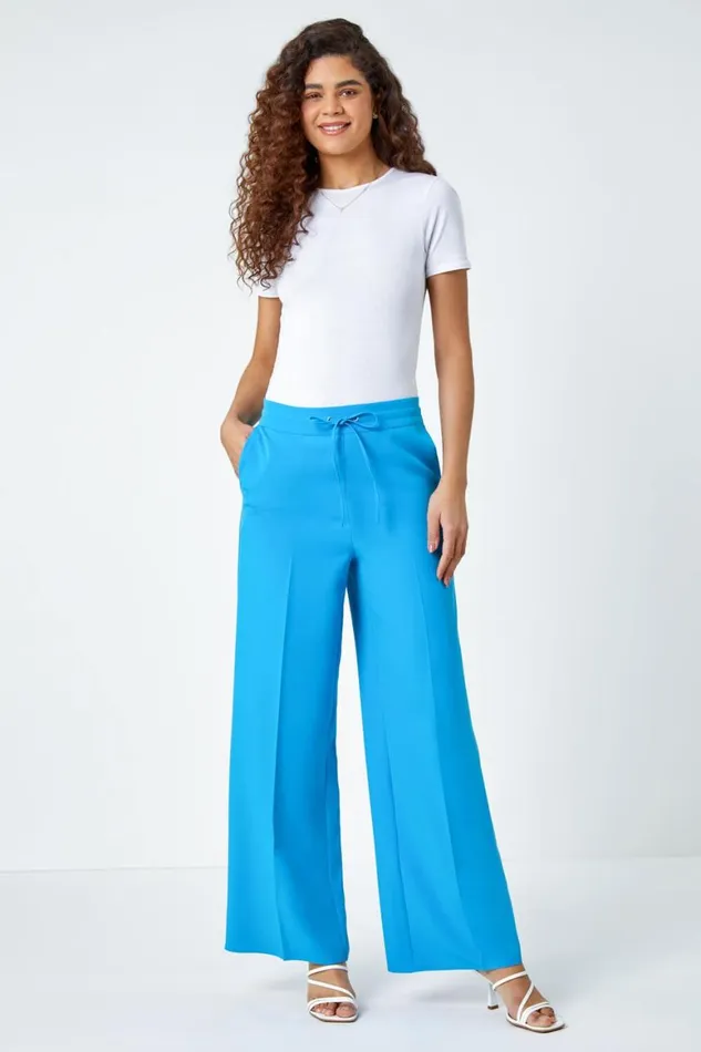 Women Turquoise Wide Leg Elastic Waist Tie Front Trouser Roman Occasionwear