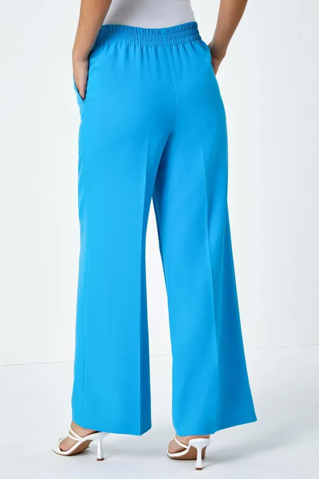 Women Turquoise Wide Leg Elastic Waist Tie Front Trouser Roman Occasionwear