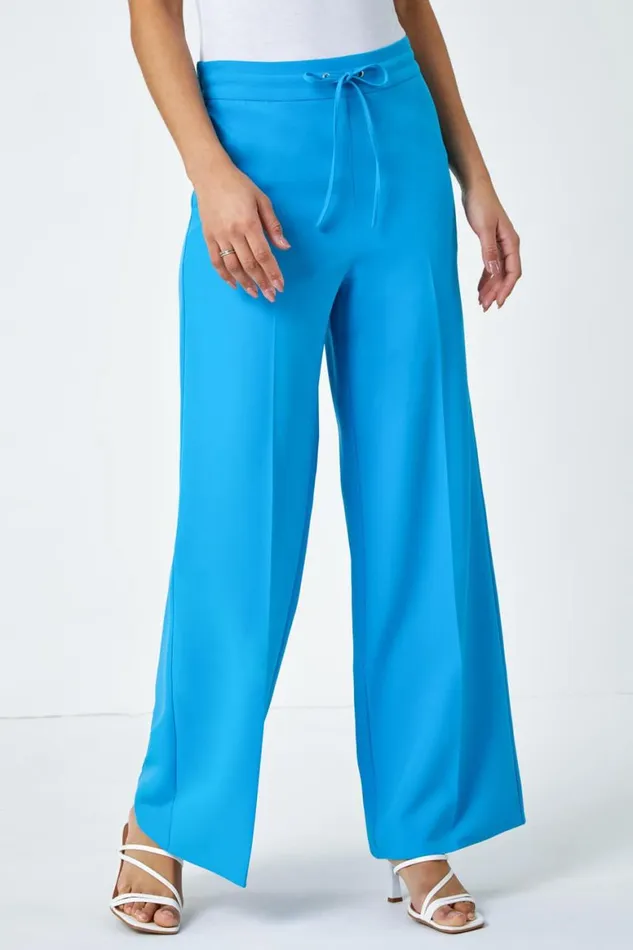 Women Turquoise Wide Leg Elastic Waist Tie Front Trouser Roman Occasionwear