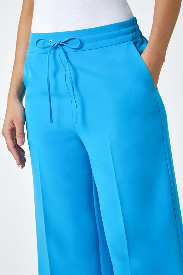 Women Turquoise Wide Leg Elastic Waist Tie Front Trouser Roman Occasionwear