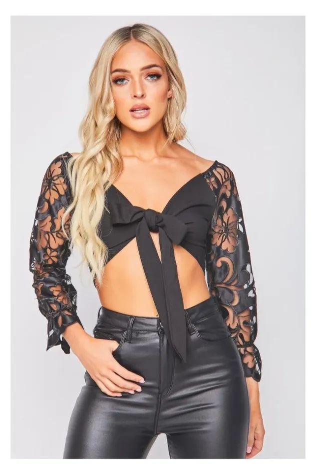 Women TwoMaterial Black Wrap Top Black Brentiny Paris Top And Tank Tops