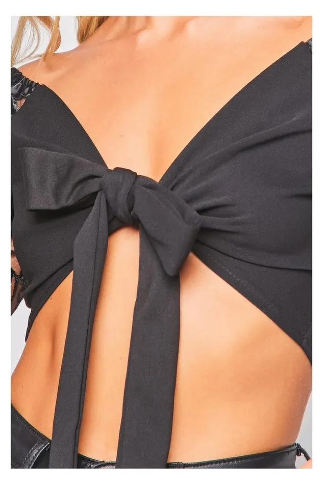 Women TwoMaterial Black Wrap Top Black Brentiny Paris Top And Tank Tops