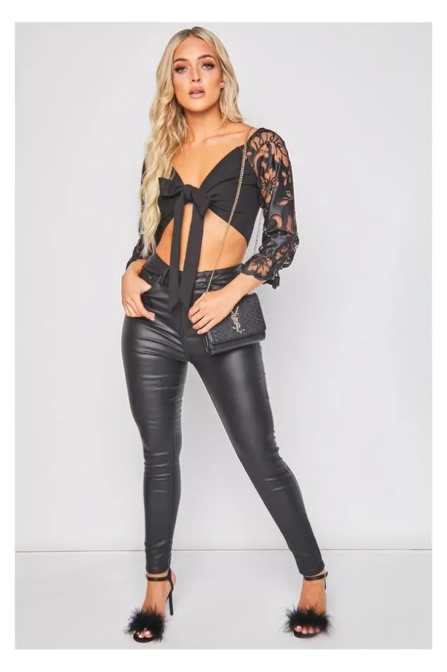 Women TwoMaterial Black Wrap Top Black Brentiny Paris Top And Tank Tops