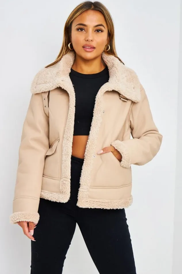 Women Veste Beige Aviateur Courte Beige Brentiny Paris Jackets