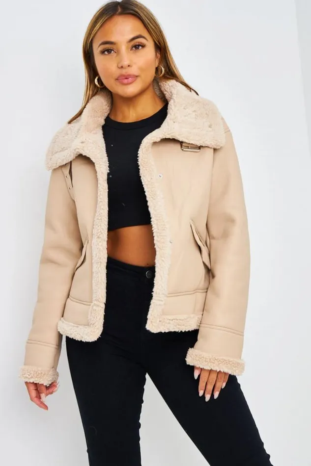 Women Veste Beige Aviateur Courte Beige Brentiny Paris Jackets