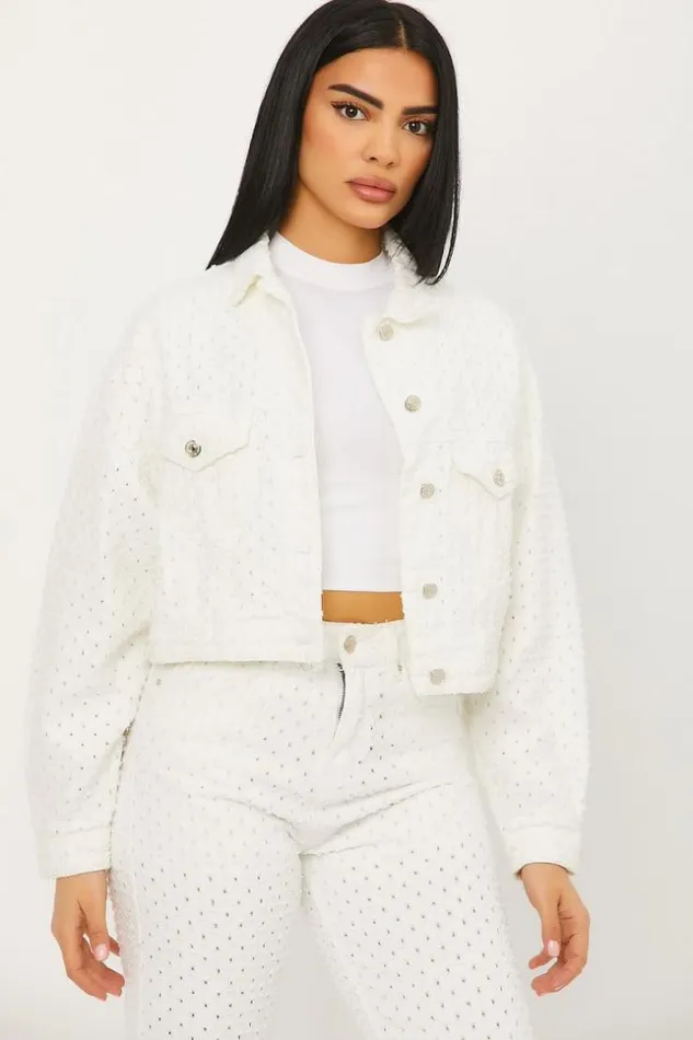 Women Veste Courte En Jeans Blanche Trous White Brentiny Paris Jackets