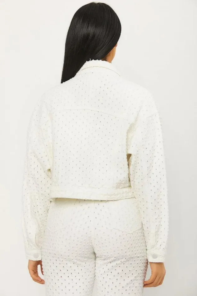 Women Veste Courte En Jeans Blanche Trous White Brentiny Paris Jackets