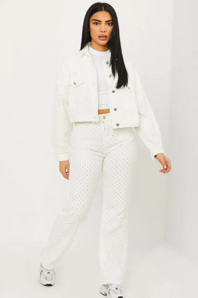 Women Veste Courte En Jeans Blanche Trous White Brentiny Paris Jackets
