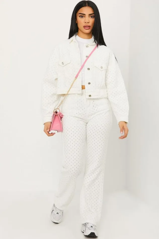 Women Veste Courte En Jeans Blanche Trous White Brentiny Paris Jackets
