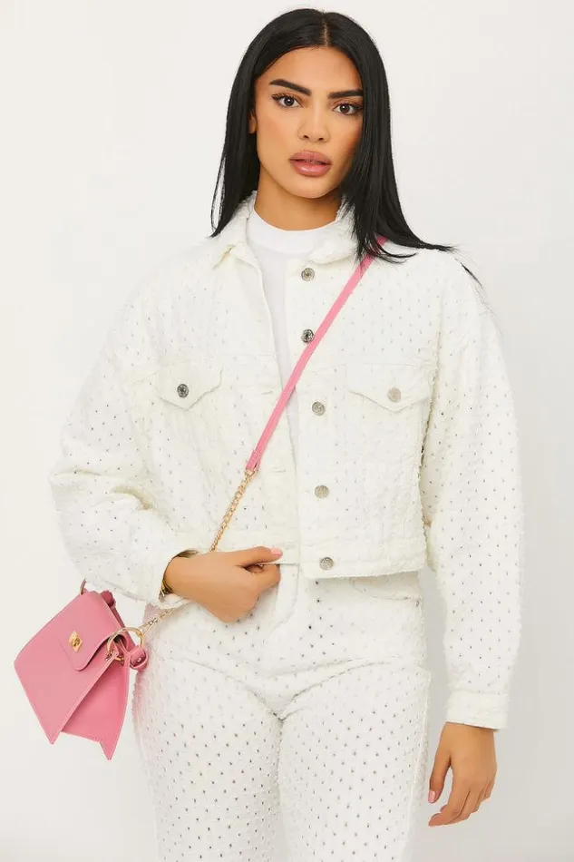 Women Veste Courte En Jeans Blanche Trous White Brentiny Paris Jackets