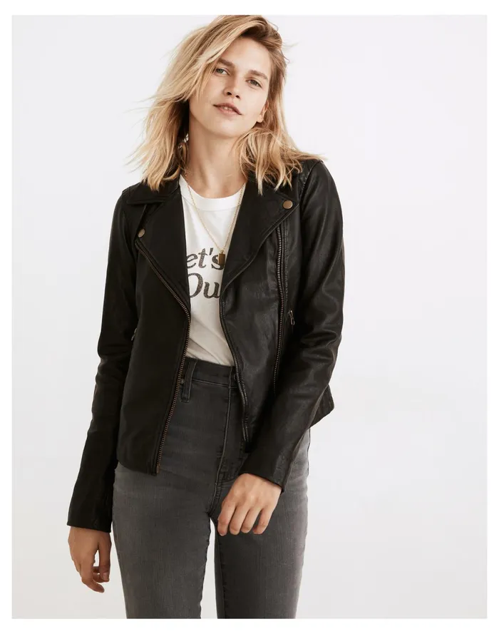Women Washed Leather Motorcycle Jacket True Black Madewell Jackets