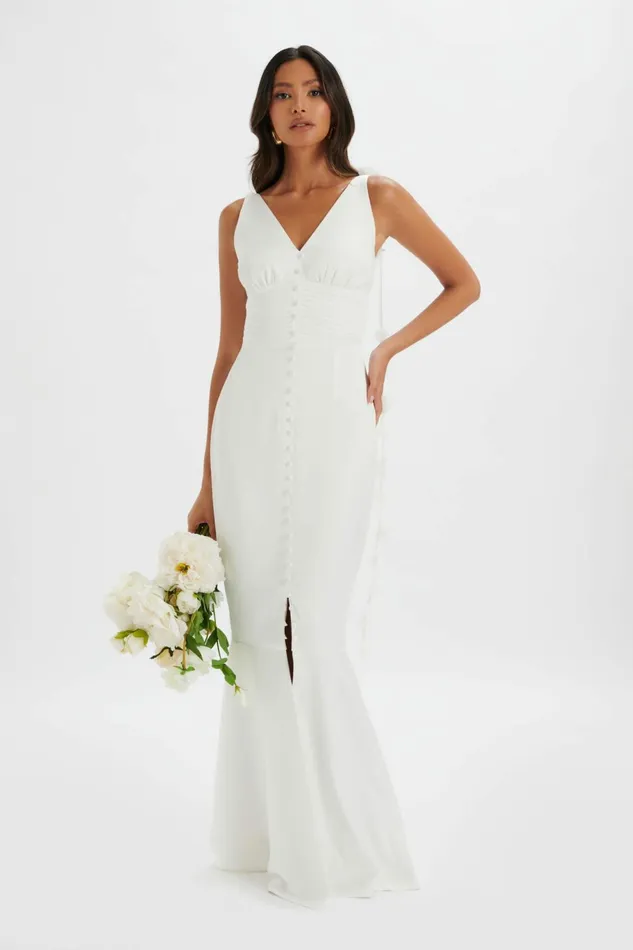 Women Wedding Dresses Lavish Alice NOVIE Floral Strap Satin Fit And Flare Maxi Dress In Ivory Ivory