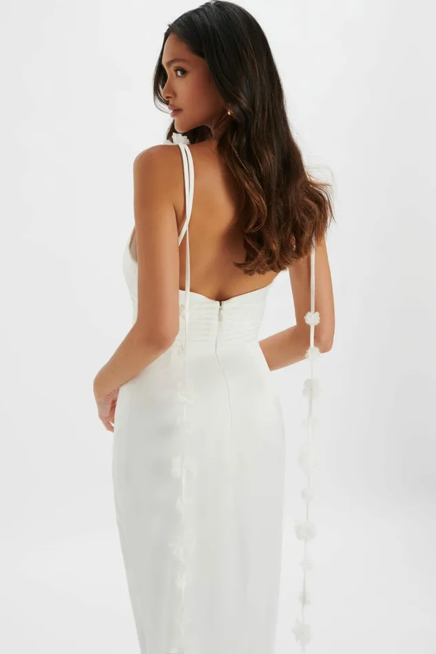 Women Wedding Dresses Lavish Alice NOVIE Floral Strap Satin Fit And Flare Maxi Dress In Ivory Ivory