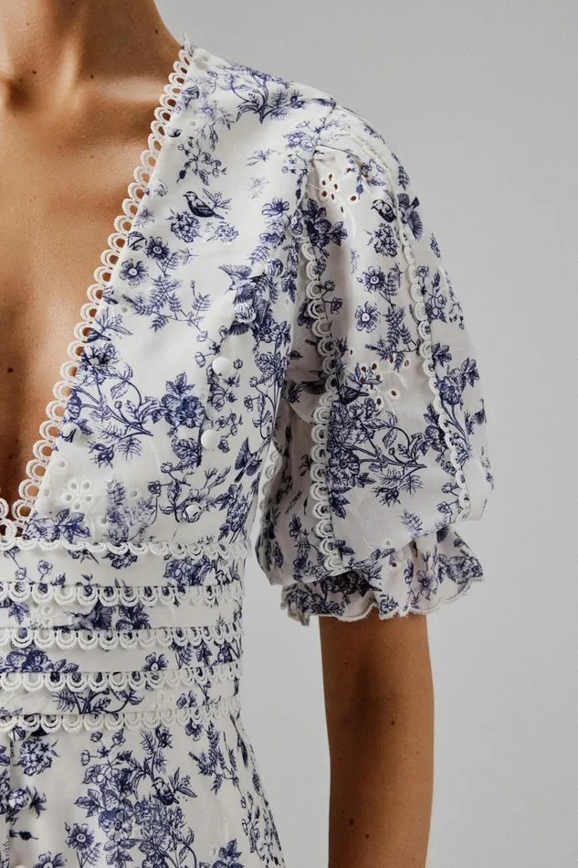 Women Wedding Guest Lavish Alice CINDY Micro Button And Loop Detail Long Midi Dress In Blue Porcelain Print Blue Porcelain P