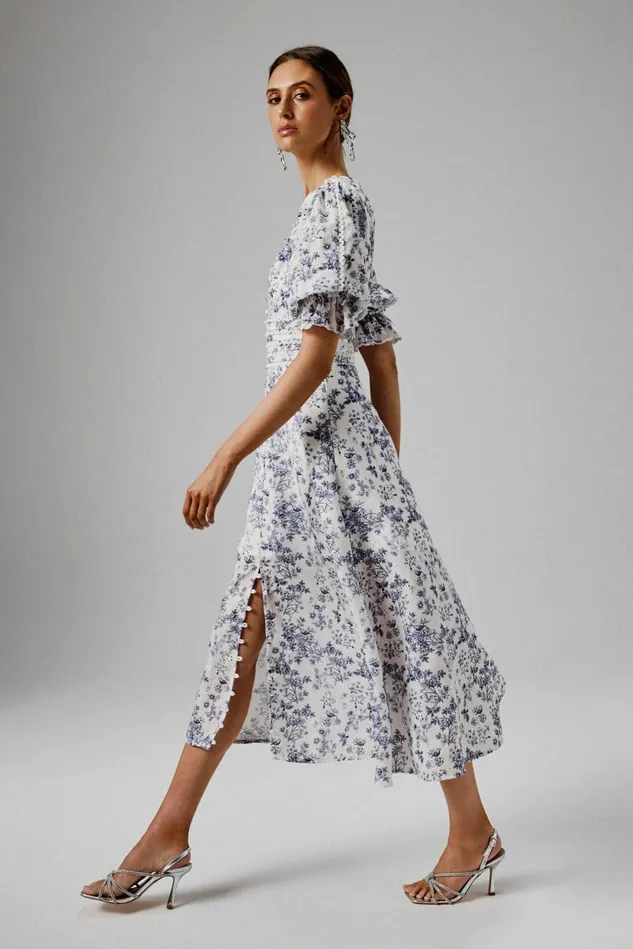 Women Wedding Guest Lavish Alice CINDY Micro Button And Loop Detail Long Midi Dress In Blue Porcelain Print Blue Porcelain P