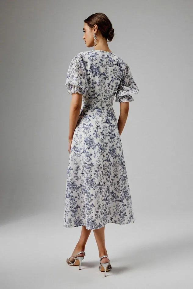 Women Wedding Guest Lavish Alice CINDY Micro Button And Loop Detail Long Midi Dress In Blue Porcelain Print Blue Porcelain P