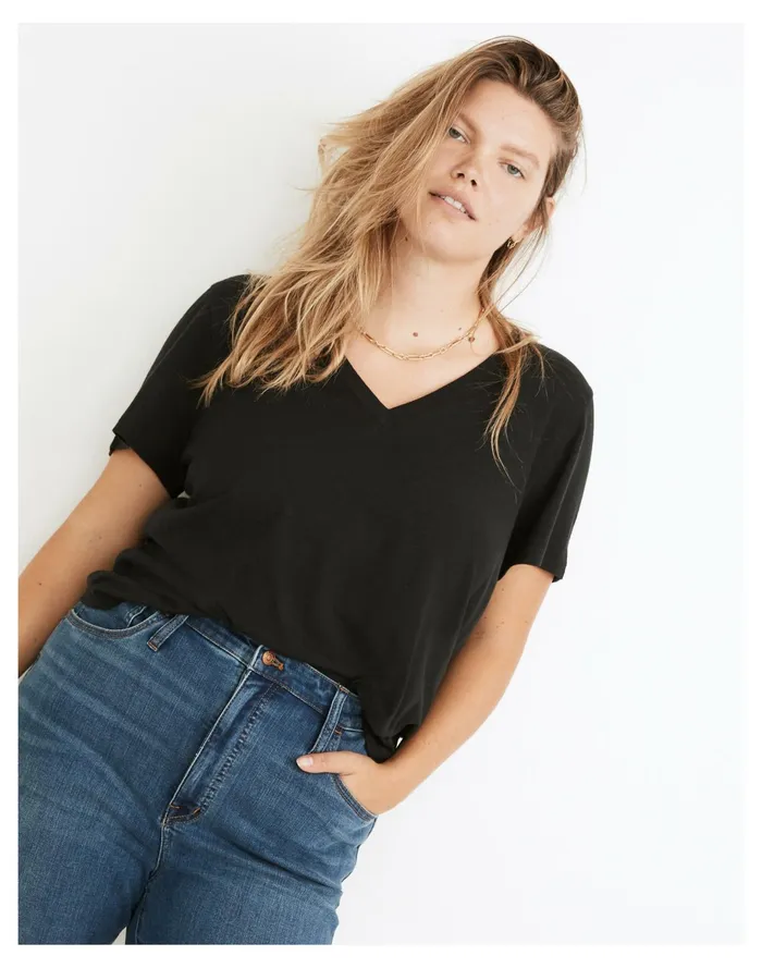Women Whisper Cotton V Neck Tee True Black Madewell Tees