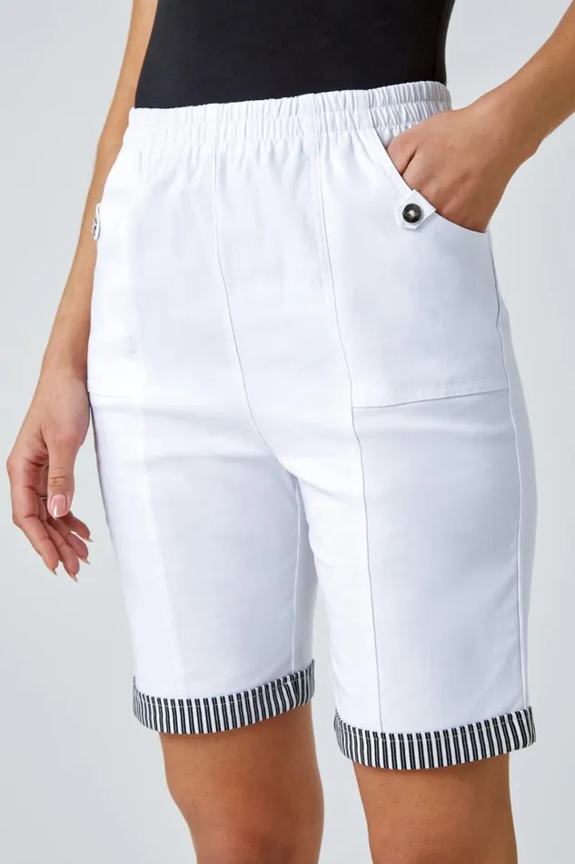 Women White Contrast Detail Elastic Waist Stretch Shorts Roman Trousers