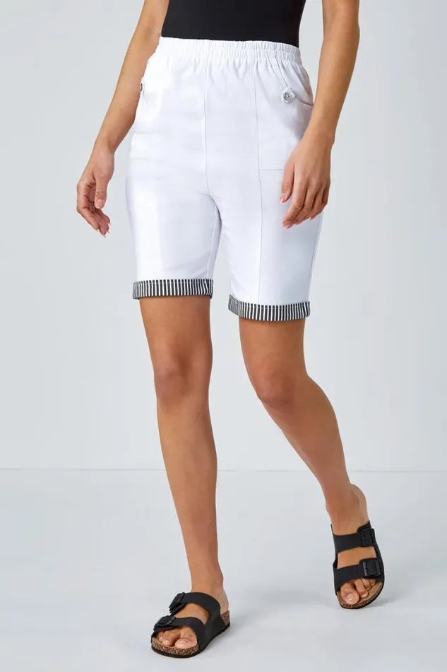 Women White Contrast Detail Elastic Waist Stretch Shorts Roman Trousers