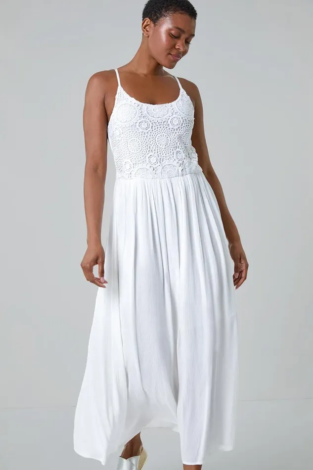 Women White Lace Bodice Shirred Midi Dress Roman Dresses