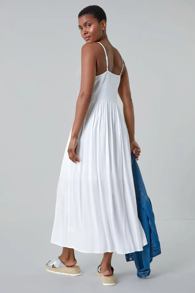 Women White Lace Bodice Shirred Midi Dress Roman Dresses