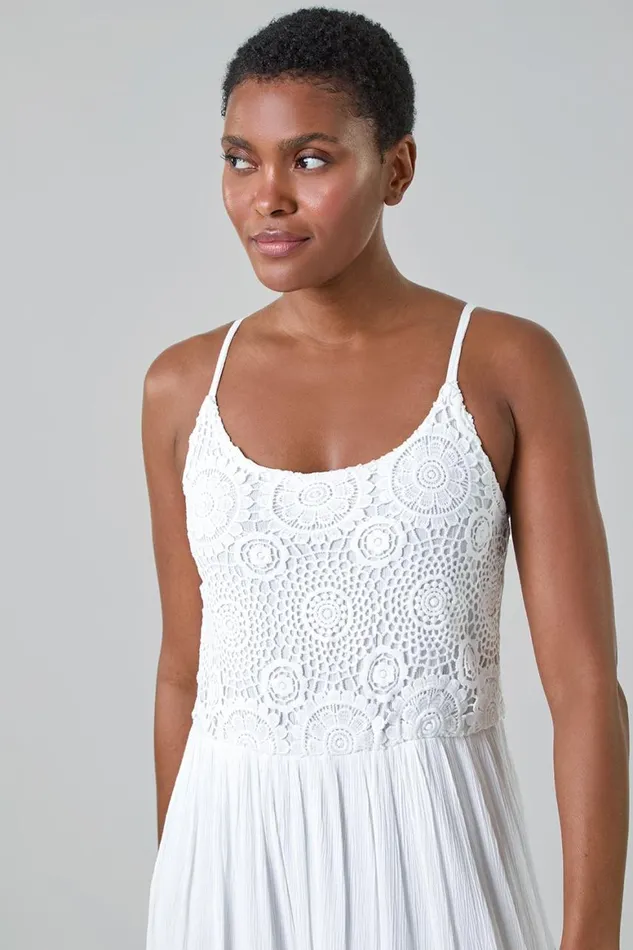 Women White Lace Bodice Shirred Midi Dress Roman Dresses