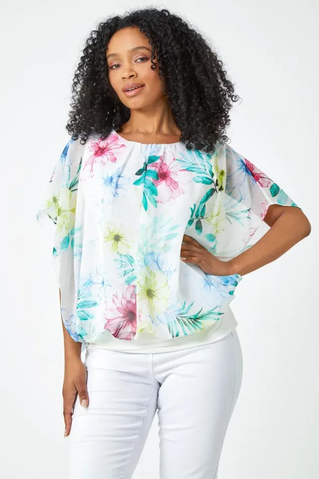 Women White Petite Floral Print Blouson Top Roman Tops
