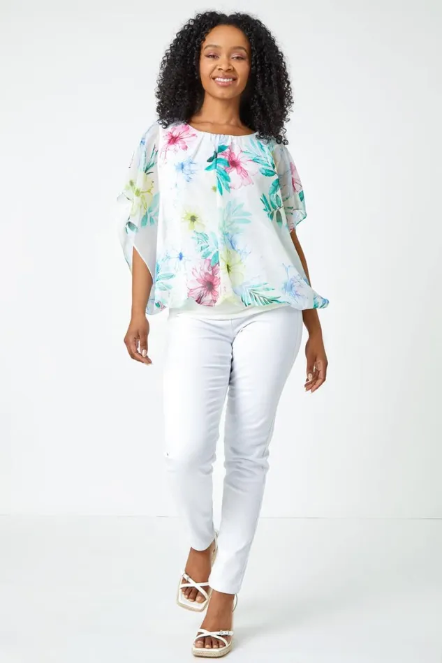 Women White Petite Floral Print Blouson Top Roman Tops