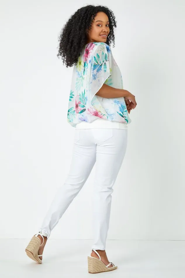Women White Petite Floral Print Blouson Top Roman Tops