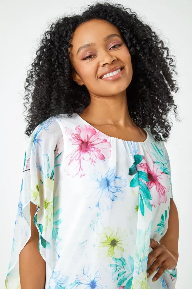 Women White Petite Floral Print Blouson Top Roman Tops