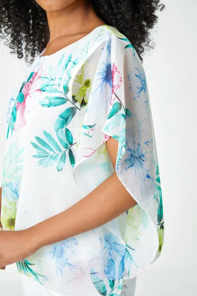 Women White Petite Floral Print Blouson Top Roman Tops