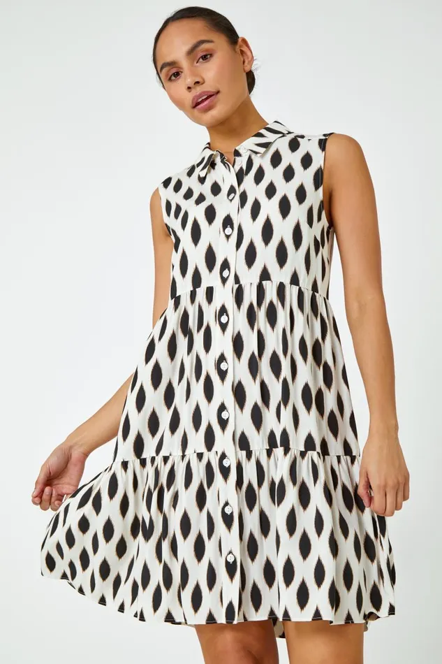 Women White Spot Print Button Through Shirt Dress Roman Dresses