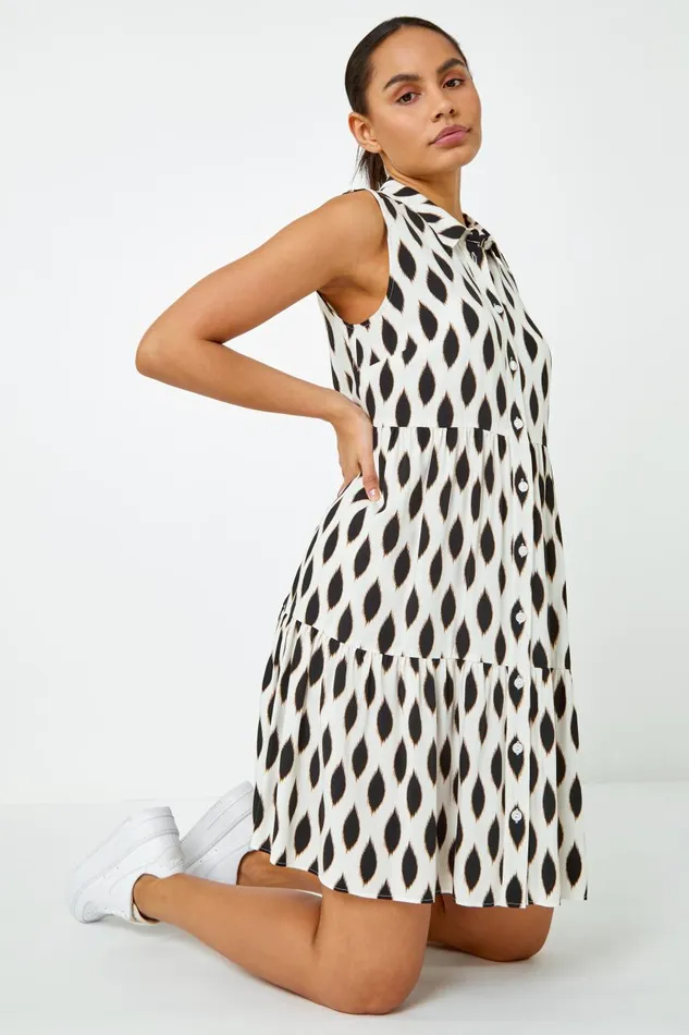 Women White Spot Print Button Through Shirt Dress Roman Dresses