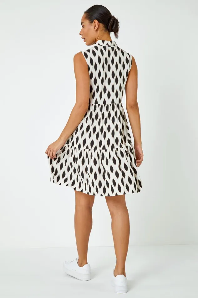 Women White Spot Print Button Through Shirt Dress Roman Dresses