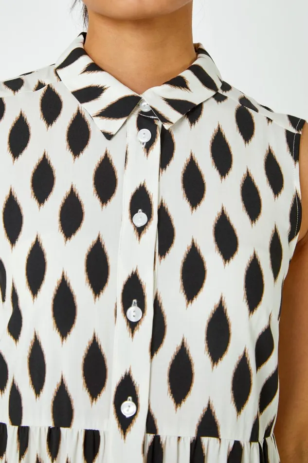 Women White Spot Print Button Through Shirt Dress Roman Dresses