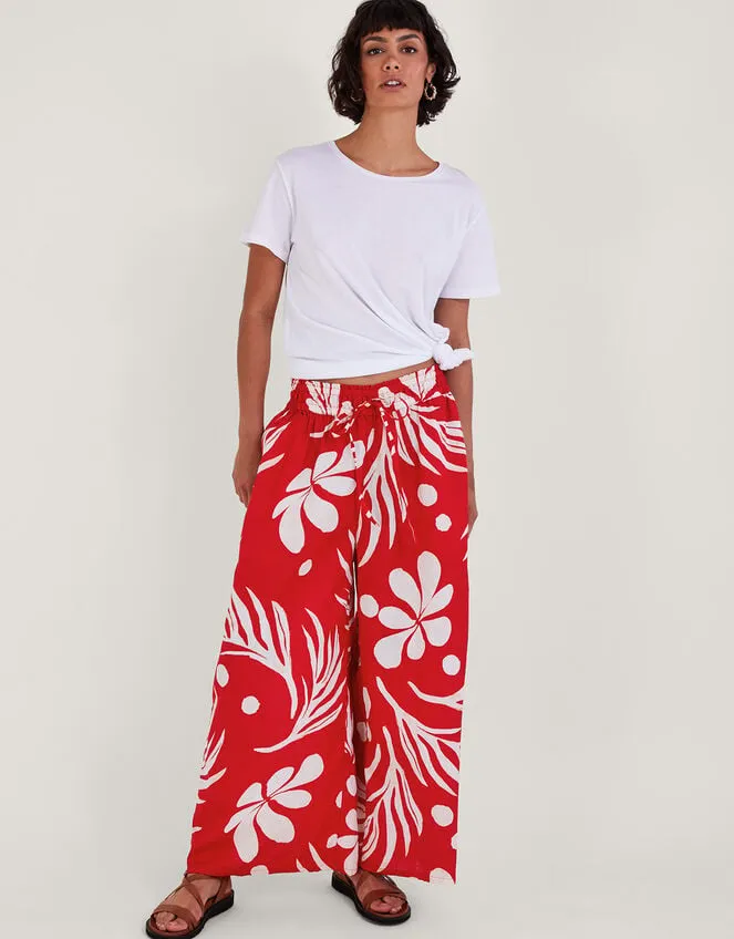 Women Wide Leg Palm Print Trousers Red Monsoon Beachwear and Swimwear