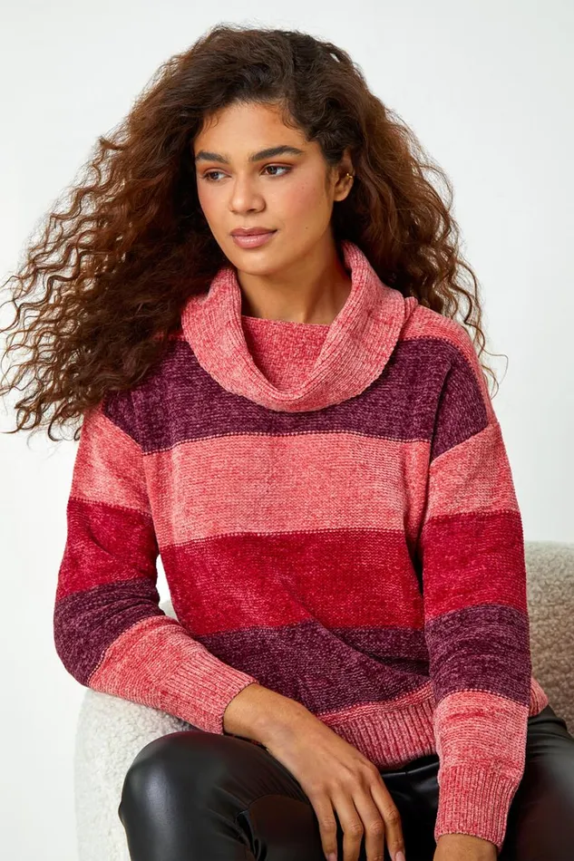 Women Wine Chenille Striped Cowl Neck Jumper Roman Knitwear